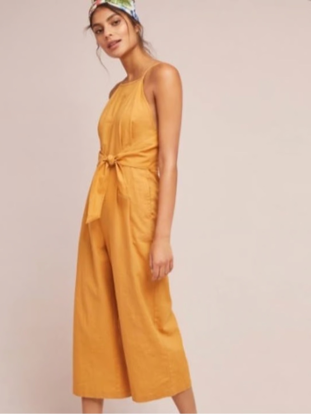 Greylin Mustard Tie-Front Wide-Leg Jumpsuit